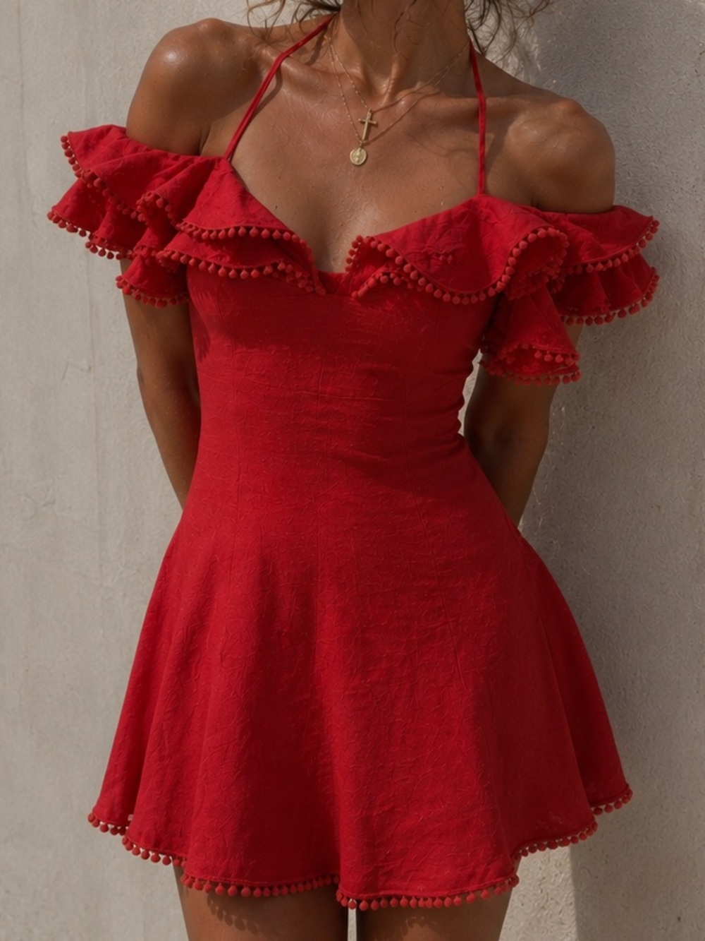 White Closet Red Ruffle Mini Dress‎ Cotton Linen Blend Australian Brand